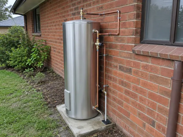 Stainless hot water system beside a brick house wall with copper pipework on a concrete slab in St Ives